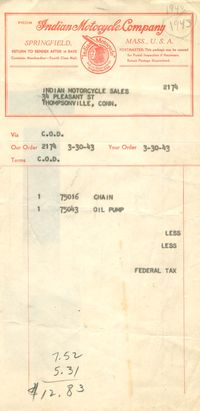 INDIAN MOTOCYCLE PACKING/SHIPPING TICKET